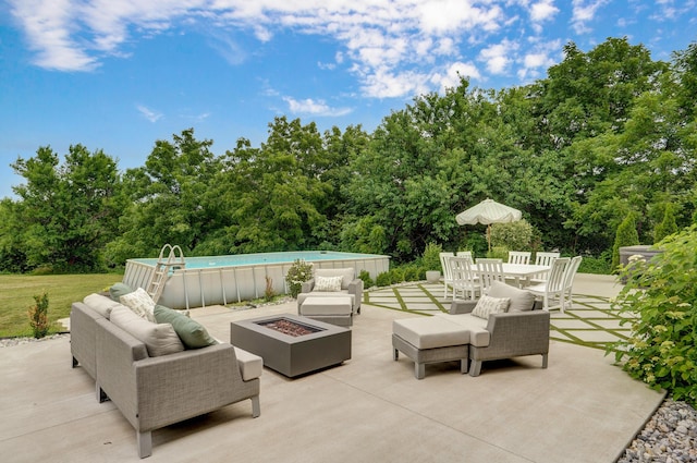 1373 E River Oak Dr, Springfield, MO 65803 - view of patio featuring an outdoor living space with a fire pit, an outdoor pool, and outdoor dining space