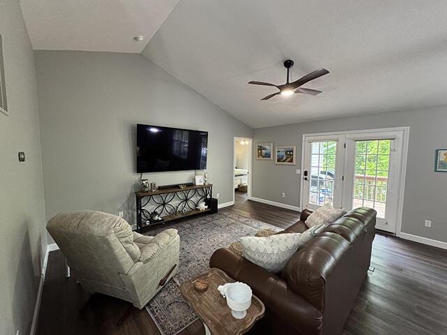 155 Tyler St, Branson, MO 65616 - living area with a ceiling fan, vaulted ceiling, and dark wood-style flooring