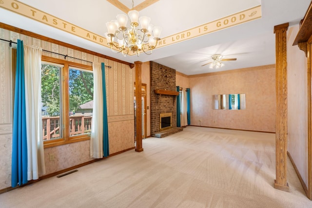 401 N Niangua Dr, Nixa, MO 65714 - unfurnished living room with carpet, a chandelier, a brick fireplace, and ceiling fan