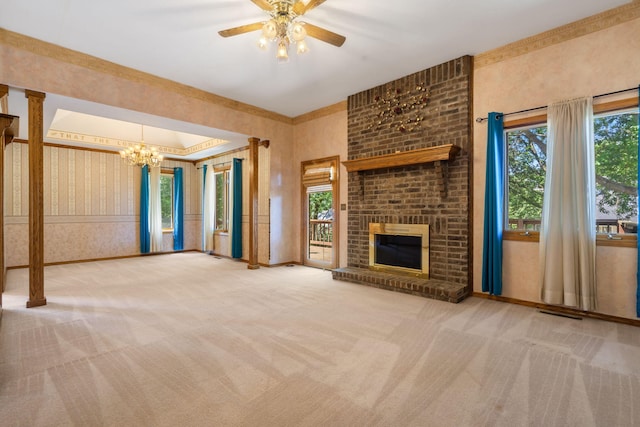 401 N Niangua Dr, Nixa, MO 65714 - unfurnished living room featuring carpet floors, plenty of natural light, ceiling fan, and wallpapered walls