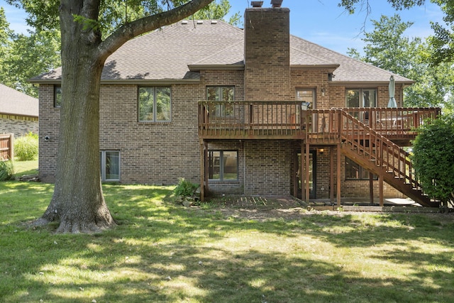 401 N Niangua Dr, Nixa, MO 65714 - back of house featuring brick siding, stairs, a chimney, a shingled roof, and a wooden deck