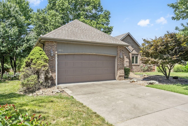 401 N Niangua Dr, Nixa, MO 65714 - view of front facade featuring brick siding, driveway, a garage, roof with shingles, and a front lawn