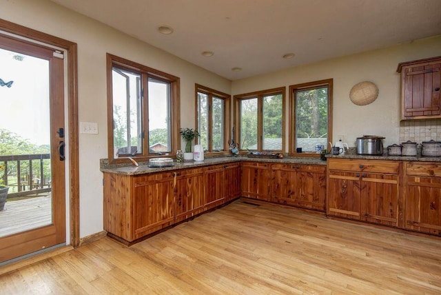 637 State Highway Kk, Cedar Creek, MO 65627 - kitchen featuring light wood finished floors, healthy amount of natural light, brown cabinetry, and dark stone countertops