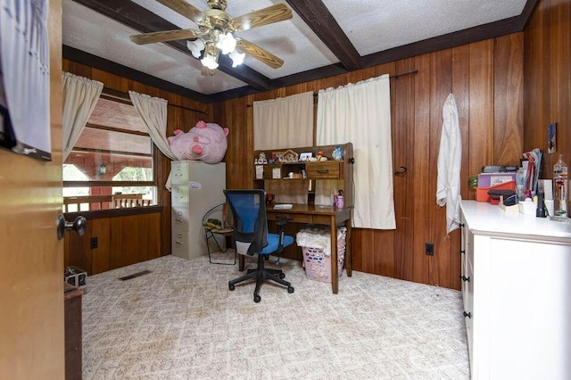 637 State Highway Kk, Cedar Creek, MO 65627 - office space with wood walls, carpet flooring, a ceiling fan, and beamed ceiling