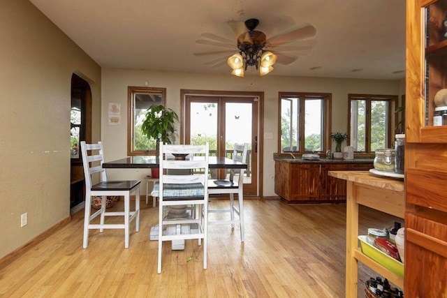 637 State Highway Kk, Cedar Creek, MO 65627 - dining room featuring arched walkways, a ceiling fan, and light wood-style floors