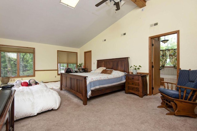 637 State Highway Kk, Cedar Creek, MO 65627 - bedroom featuring high vaulted ceiling, light colored carpet, beam ceiling, and ceiling fan