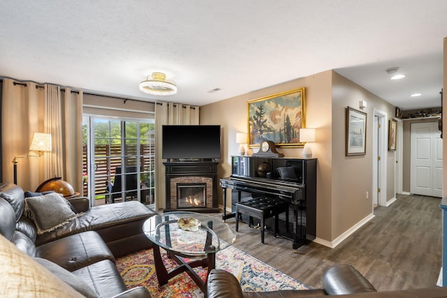128 Knowledge Ave Unit 2, Branson, MO 65616 - living area with wood finished floors, a textured ceiling, a fireplace, and recessed lighting
