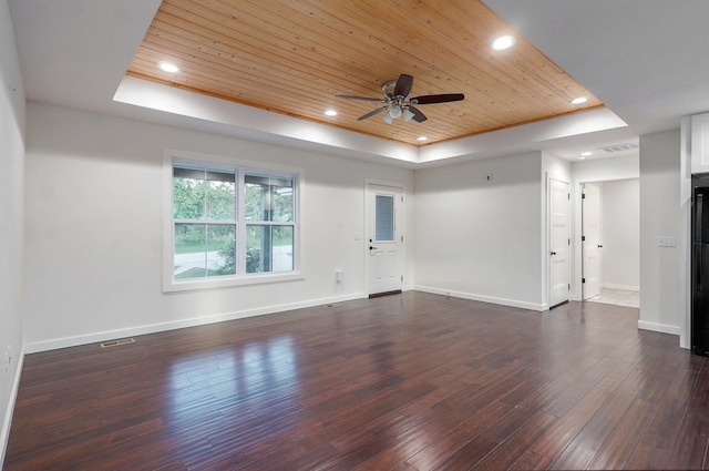 753 S Elm Rd, Marshfield, MO 65706 - empty room featuring a tray ceiling, wooden ceiling, a ceiling fan, dark wood-style flooring, and recessed lighting
