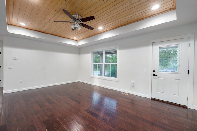 753 S Elm Rd, Marshfield, MO 65706 - empty room with a raised ceiling, wooden ceiling, wood-type flooring, ceiling fan, and recessed lighting