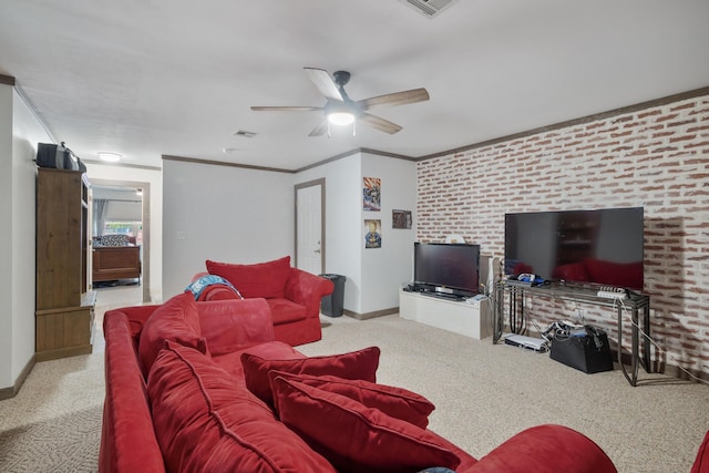 103 Fawn Trl, Neosho, MO 64850 - carpeted living area with a ceiling fan, ornamental molding, and brick wall
