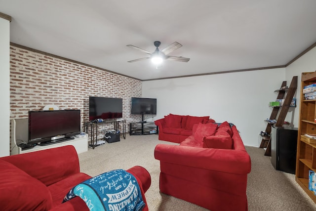 103 Fawn Trl, Neosho, MO 64850 - living area featuring carpet floors, a ceiling fan, crown molding, and brick wall