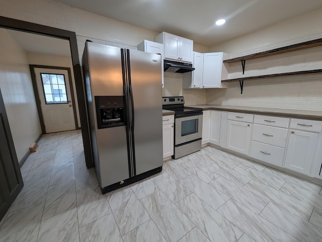600 N Main St, Pleasant Hope, MO 65725 - kitchen with stainless steel appliances, under cabinet range hood, white cabinetry, open shelves, and recessed lighting