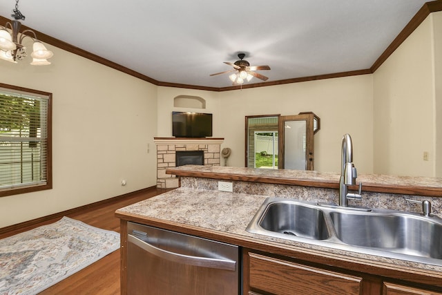 760 S 21st Ave, Ozark, MO 65721 - kitchen with dishwasher, wood finished floors, ceiling fan, crown molding, and a fireplace