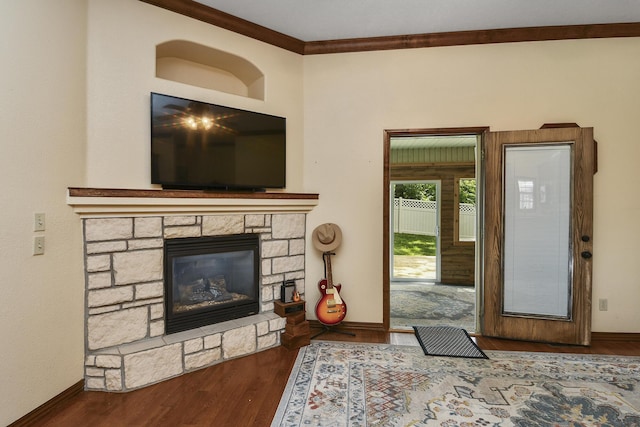 760 S 21st Ave, Ozark, MO 65721 - living area with wood finished floors, crown molding, and a fireplace