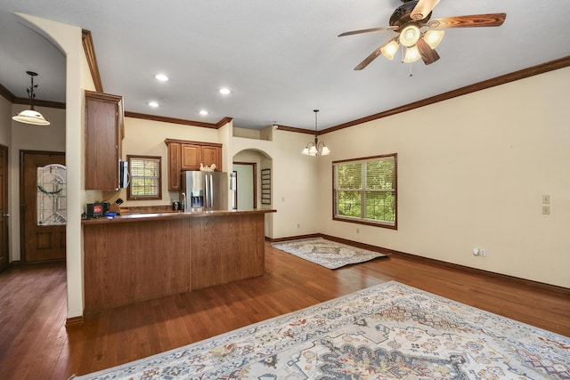 760 S 21st Ave, Ozark, MO 65721 - kitchen featuring stainless steel refrigerator with ice dispenser, brown cabinets, ornamental molding, wood finished floors, and ceiling fan