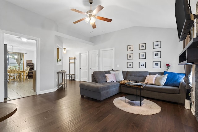 3262 E Colonial St, Republic, MO 65738 - living area featuring ceiling fan, hardwood / wood-style floors, lofted ceiling, and a chandelier