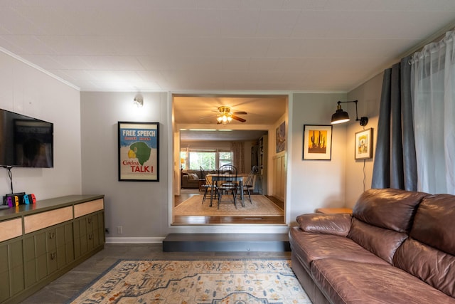 1119 S Cedarbrook Ave, Springfield, MO 65804 - living room featuring ornamental molding and a ceiling fan