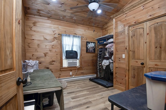 119 Allison Bnd, Lampe, MO 65681 - interior space featuring baseboard heating, vaulted ceiling, ceiling fan, wood finished floors, and wooden ceiling