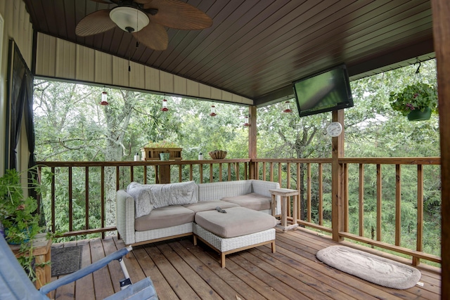 119 Allison Bnd, Lampe, MO 65681 - deck with a ceiling fan and an outdoor living space