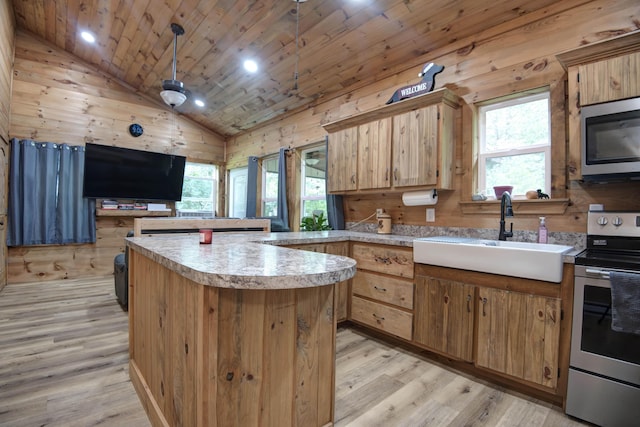 119 Allison Bnd, Lampe, MO 65681 - kitchen featuring appliances with stainless steel finishes, lofted ceiling, light countertops, a peninsula, and light wood-style floors
