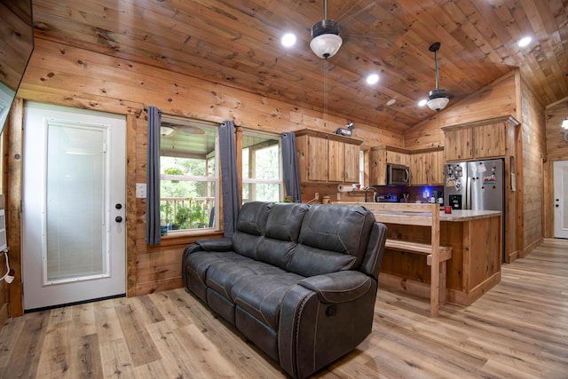 119 Allison Bnd, Lampe, MO 65681 - living room with light wood-style flooring, wood ceiling, wooden walls, and recessed lighting