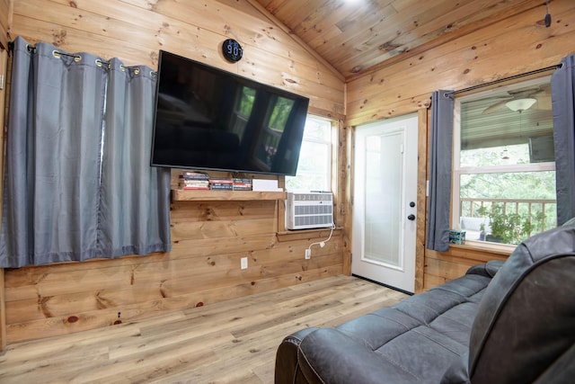 119 Allison Bnd, Lampe, MO 65681 - living area featuring wooden walls, wooden ceiling, lofted ceiling, wood finished floors, and cooling unit