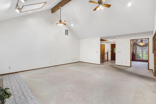4059 E Linwood St, Springfield, MO 65809 - unfurnished living room featuring ceiling fan, high vaulted ceiling, recessed lighting, beamed ceiling, and light carpet