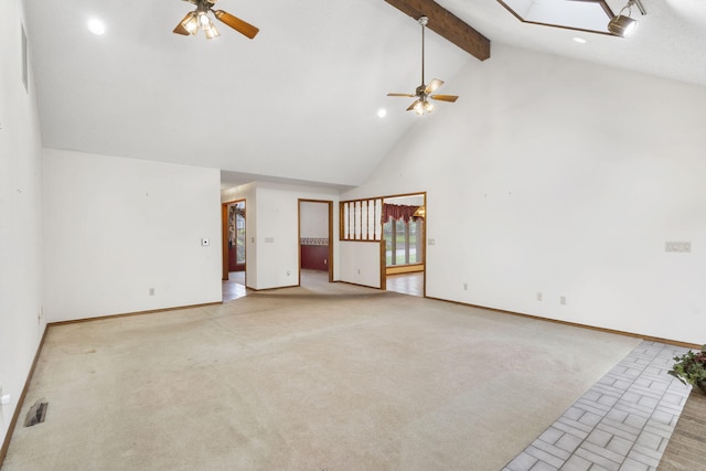 4059 E Linwood St, Springfield, MO 65809 - unfurnished living room featuring a ceiling fan, high vaulted ceiling, beam ceiling, and recessed lighting
