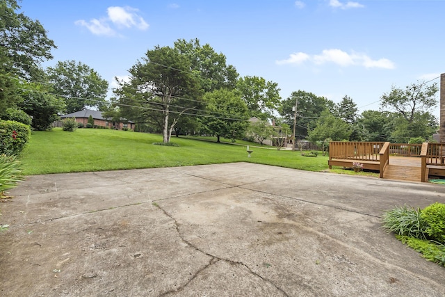 4059 E Linwood St, Springfield, MO 65809 - view of patio featuring a wooden deck and view of wooded area