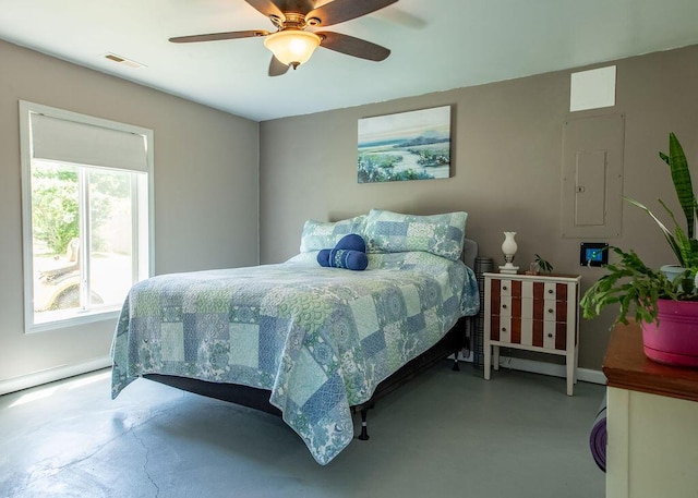 1050 S Glenn Ave, Springfield, MO 65802 - bedroom featuring concrete flooring, electric panel, and ceiling fan