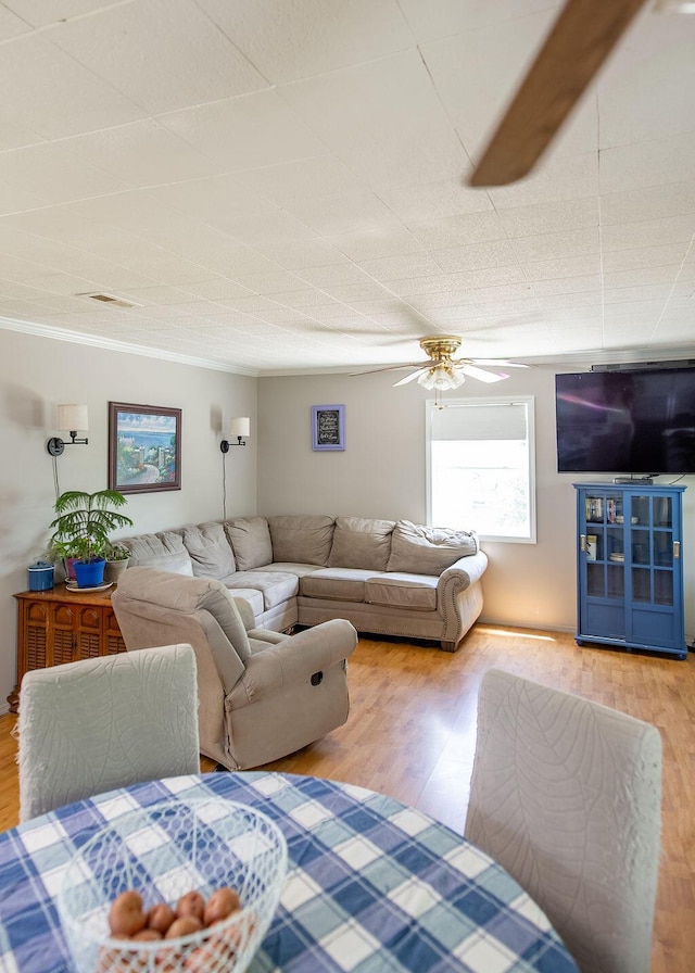 1050 S Glenn Ave, Springfield, MO 65802 - living room with light wood-style floors, a ceiling fan, and ornamental molding