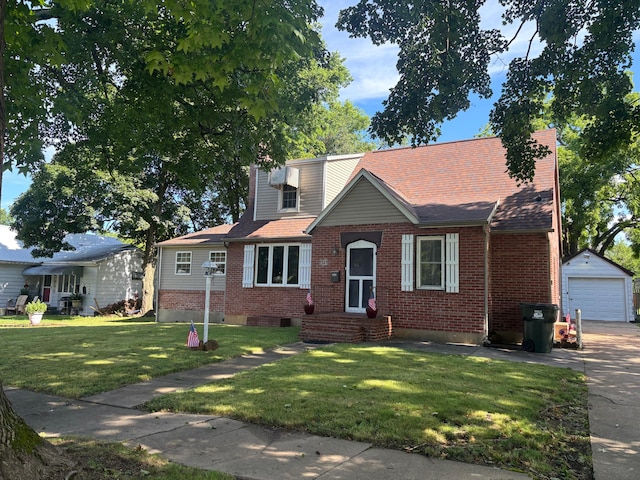 421 W College St, Aurora, MO 65605 - view of front of property with brick siding, an outbuilding, a front yard, a detached garage, and driveway