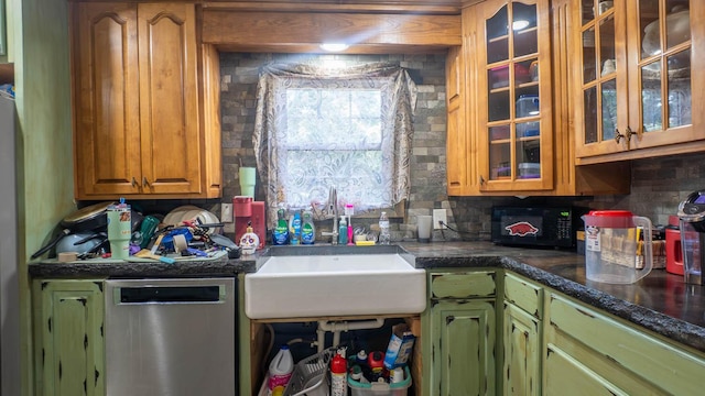 12 Riverbend Rd, Mammoth Spring, AR 72554 - kitchen featuring stainless steel dishwasher, tasteful backsplash, black microwave, and dark countertops