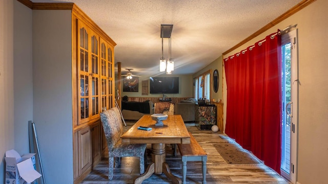 12 Riverbend Rd, Mammoth Spring, AR 72554 - dining room featuring wood finished floors, a textured ceiling, a ceiling fan, and crown molding