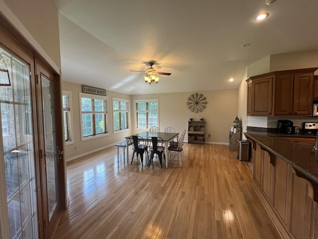 7876 County Road 3400, Mountain View, MO 65548 - dining room with light wood-type flooring, ceiling fan, and recessed lighting