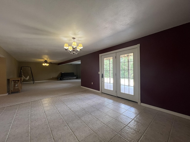 7876 County Road 3400, Mountain View, MO 65548 - unfurnished living room with a chandelier, tile patterned floors, vaulted ceiling, and a ceiling fan