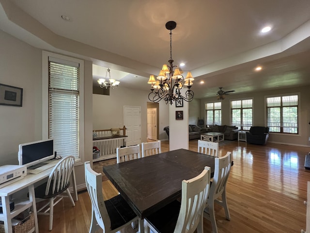 7876 County Road 3400, Mountain View, MO 65548 - dining space with a chandelier, wood finished floors, ceiling fan, and recessed lighting