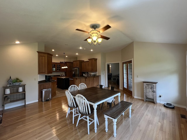 7876 County Road 3400, Mountain View, MO 65548 - dining space with a ceiling fan, light wood-style floors, recessed lighting, and vaulted ceiling
