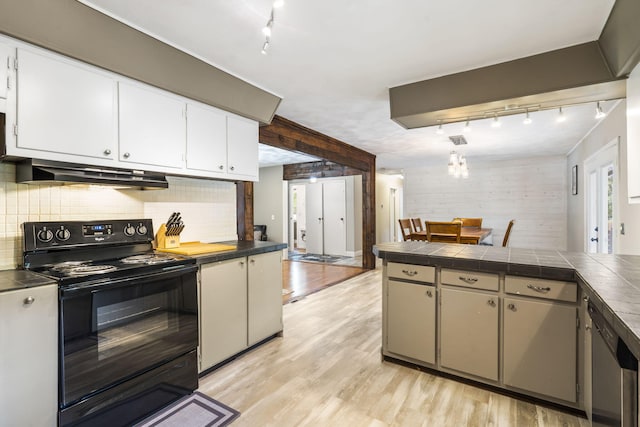3430 S Elmview Ave, Springfield, MO 65804 - kitchen with black / electric stove, track lighting, under cabinet range hood, and decorative backsplash