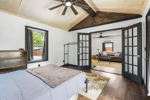 3430 S Elmview Ave, Springfield, MO 65804 - bedroom with french doors, multiple windows, wooden ceiling, wood finished floors, and a wall mounted air conditioner