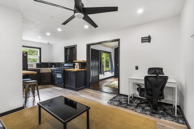 3430 S Elmview Ave, Springfield, MO 65804 - living area with recessed lighting, light wood finished floors, a desk, and ceiling fan