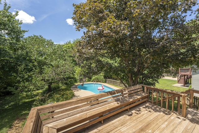 5751 S Kings Ave, Springfield, MO 65810 - wooden deck featuring an outdoor pool, a fenced backyard, and stairs