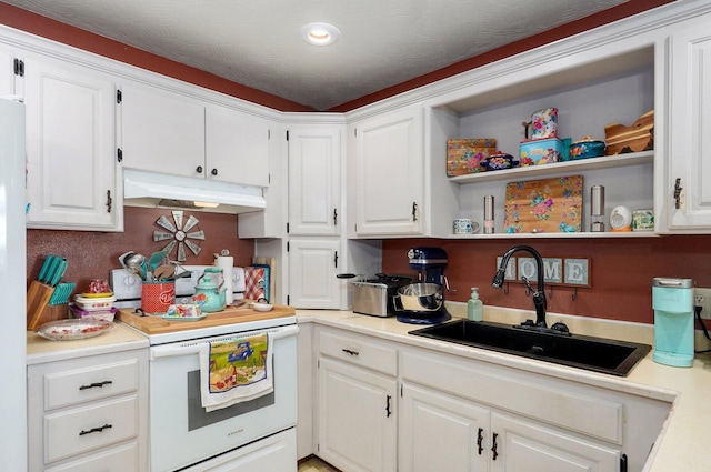1360 Johnson Rd, Sparta, MO 65753 - kitchen featuring under cabinet range hood, white appliances, light countertops, white cabinets, and recessed lighting