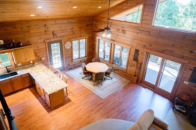 20816 Valley View Trl, Wheatland, MO 65779 - living area with recessed lighting, wooden walls, healthy amount of natural light, light wood finished floors, and a ceiling fan