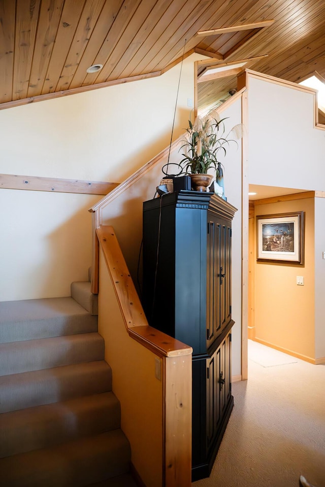 20816 Valley View Trl, Wheatland, MO 65779 - staircase featuring wood ceiling and carpet floors