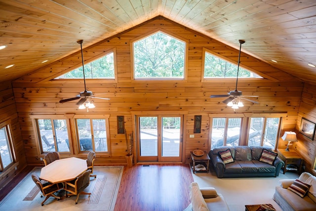 20816 Valley View Trl, Wheatland, MO 65779 - living area featuring a ceiling fan, wooden ceiling, healthy amount of natural light, and wooden walls