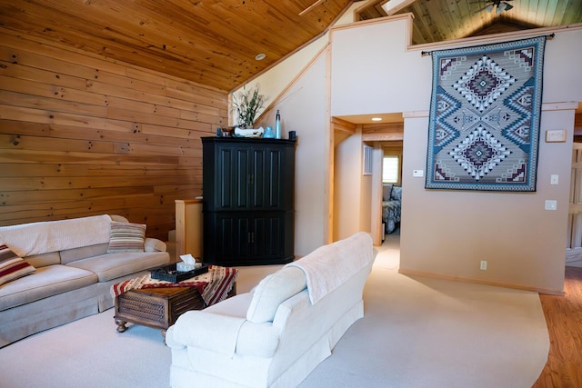 20816 Valley View Trl, Wheatland, MO 65779 - living room featuring wooden ceiling, lofted ceiling, and wooden walls