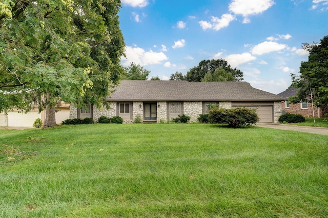 3520 E Carol Dr, Springfield, MO 65809 - ranch-style home featuring stone siding, driveway, an attached garage, and a front lawn