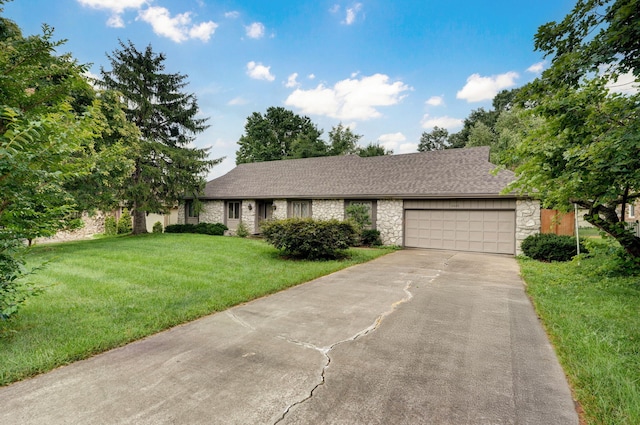 3520 E Carol Dr, Springfield, MO 65809 - ranch-style home featuring stone siding, an attached garage, driveway, a front lawn, and roof with shingles