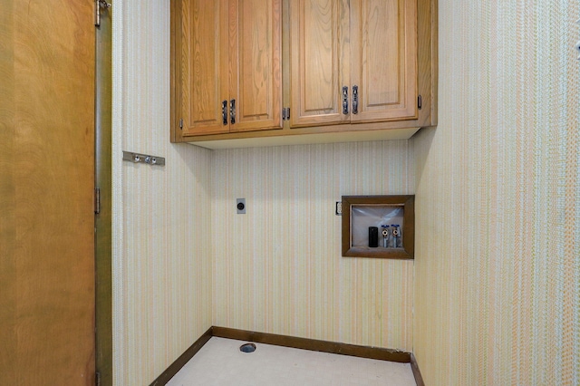 3520 E Carol Dr, Springfield, MO 65809 - laundry area featuring electric dryer hookup, cabinet space, washer hookup, and wallpapered walls